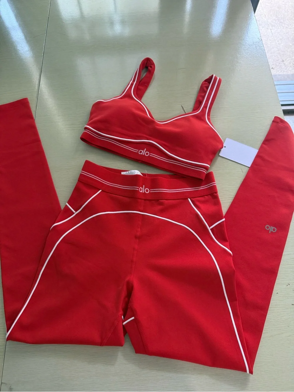 ALO Yoga Red Sports Bra with White Trim